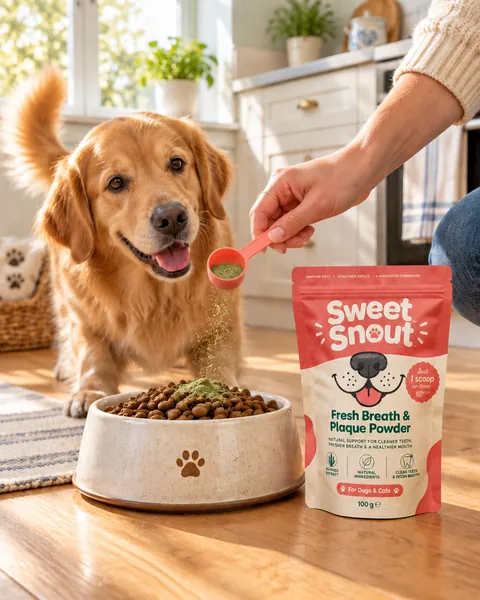 Golden retriever watching a scoop of powder sprinkled onto its kibble in a sunny kitchen