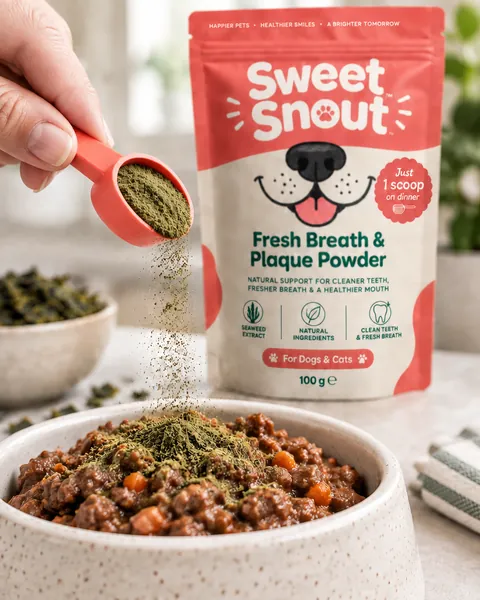 One scoop of fine green powder falling onto a bowl of wet dog food