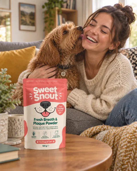 Curly-haired dog kissing a laughing woman on the sofa, the pouch on the coffee table