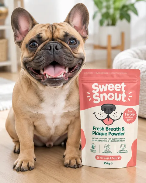 Smiling French bulldog sitting next to the pouch