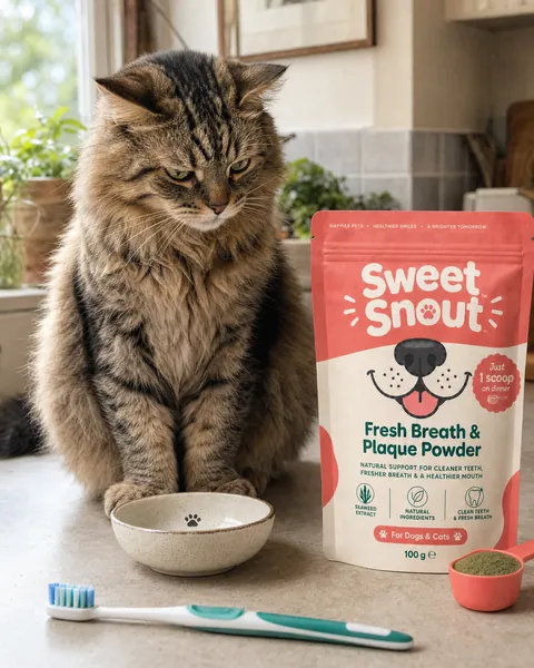 A fluffy tabby glaring at a toothbrush next to its bowl and the pouch