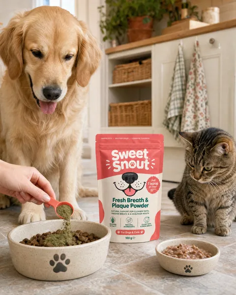 A golden retriever and a tabby cat at their bowls while a scoop is sprinkled into the dog bowl