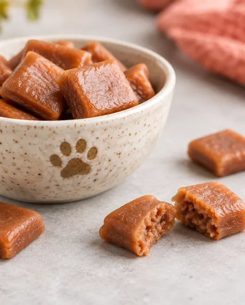 Close-up of the soft square chews in a speckled bowl, one broken in half