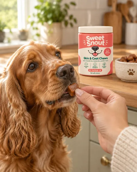 A cocker spaniel taking a soft chew from a woman's fingers, the tub on the kitchen counter