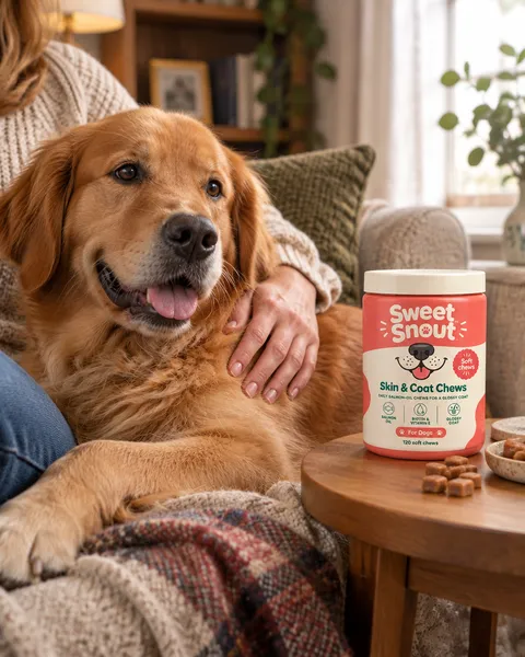 A woman stroking the glossy coat of a golden retriever on the sofa, the tub on the side table
