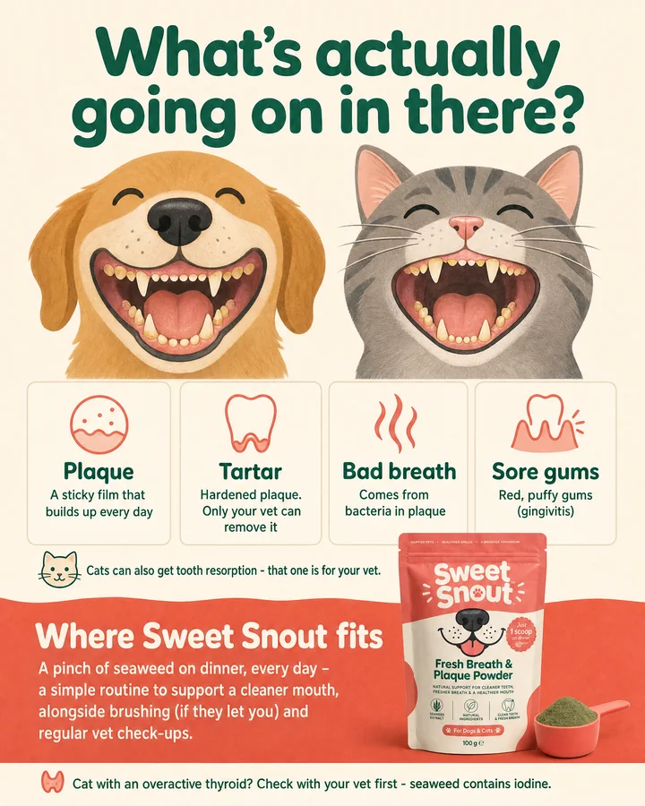 Illustrated guide: a smiling dog and cat with open mouths, explaining plaque, tartar, bad breath and sore gums, where Sweet Snout fits, and a note that cats with an overactive thyroid should check with a vet because seaweed contains iodine